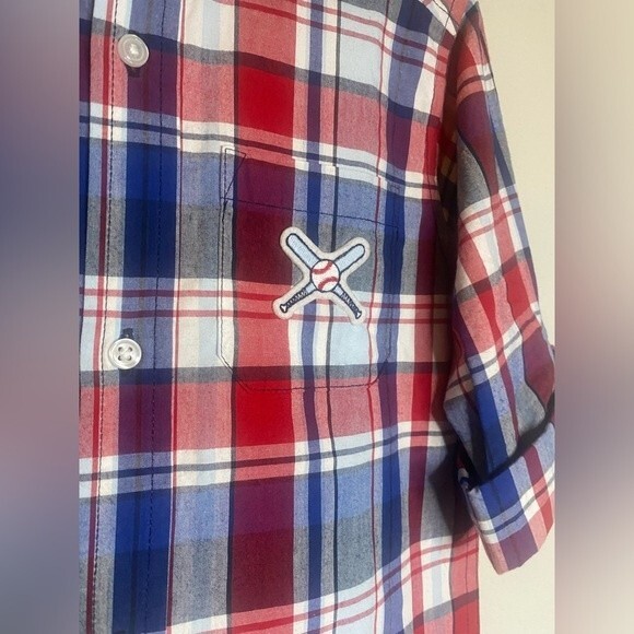 Gymboree Toddler Boys Red Blue Plaid Button Up Shirt 4T Baseball patch - Picture 4 of 6
